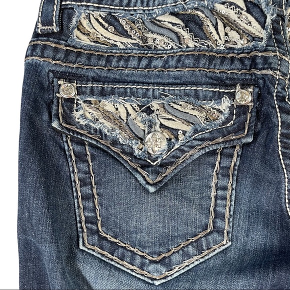 Miss Me Size 27 dark wash jeans signature boot, button flap pockets with designs - Picture 7 of 13